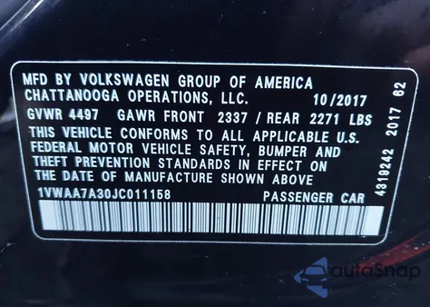 2018 Volkswagen Passat 2.0T R-Line/2.0T S из США, поврежденный, VIN 1VWAA7A30JC011158